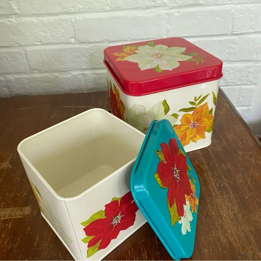 PIONEER WOMAN Poinsettia Cookie Tins Set of 2 New